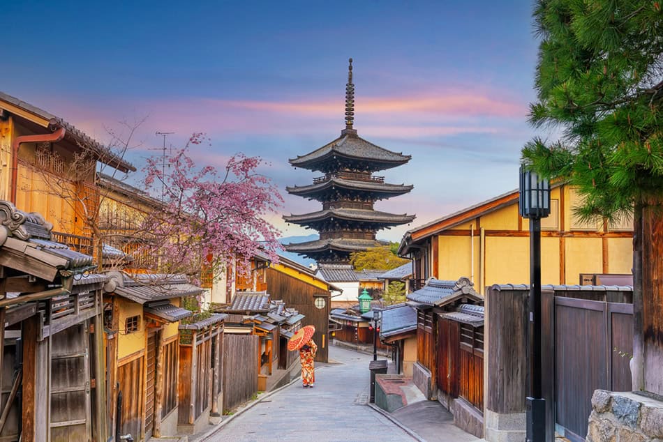 Old town Kyoto during sakura season in Japan