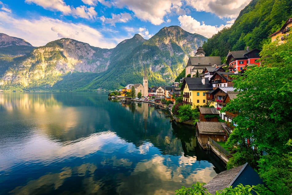 View of famous Hallstatt mountain village in the Austrian Alps a