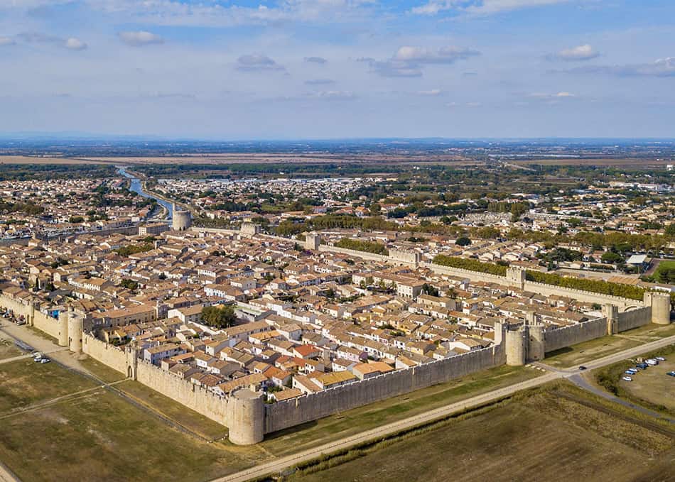Aerial view of Aigues-Mortes walled city in France