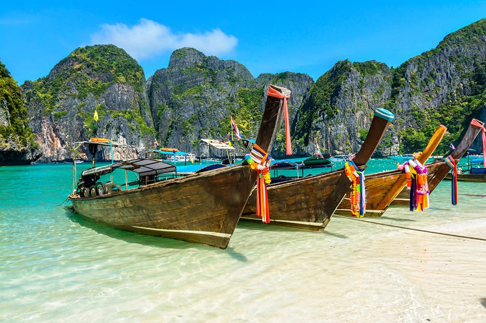 Long-tail boats in Maya Bay, Thailand