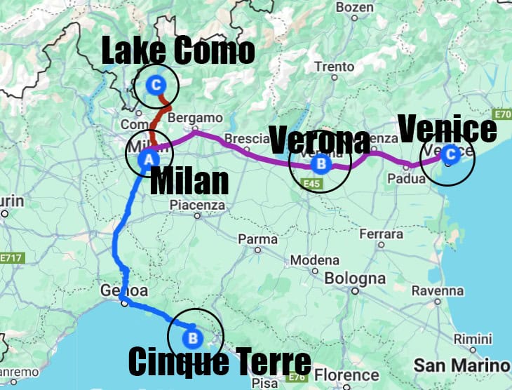 North Italy 1 Week Itinerary Map