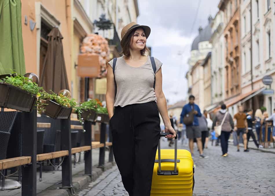 Europe luggage cobblestone path