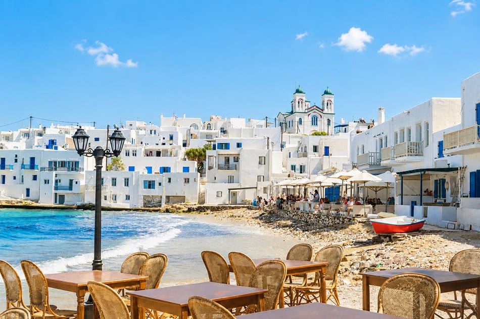 Naoussa town waterfront at harbour Paros Island Greece